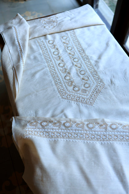 Natural Beige Moonga Silk Chikankari Men’s Kurta Fabric