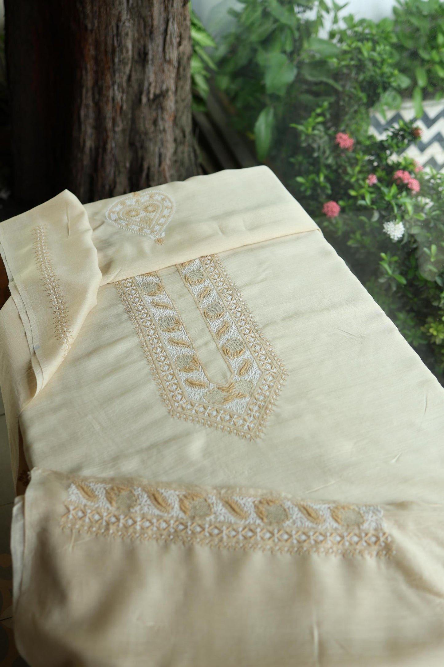 Natural Beige Moonga Silk Chikankari Men’s Kurta Fabric