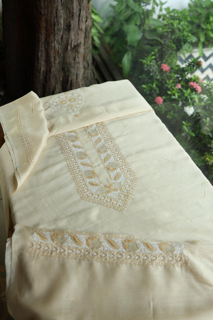 Natural Beige Moonga Silk Chikankari Men’s Kurta Fabric