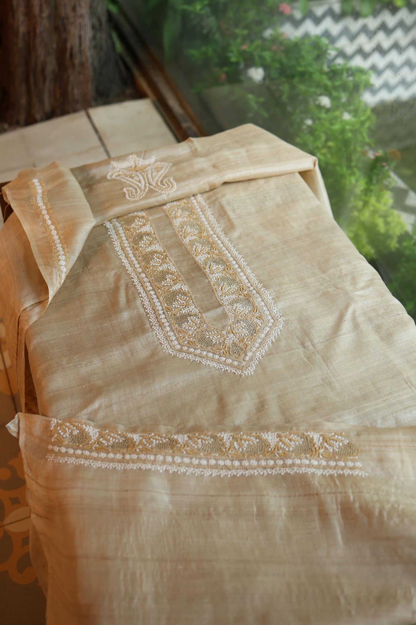 Natural Beige Moonga Silk Chikankari Men’s Kurta Fabric