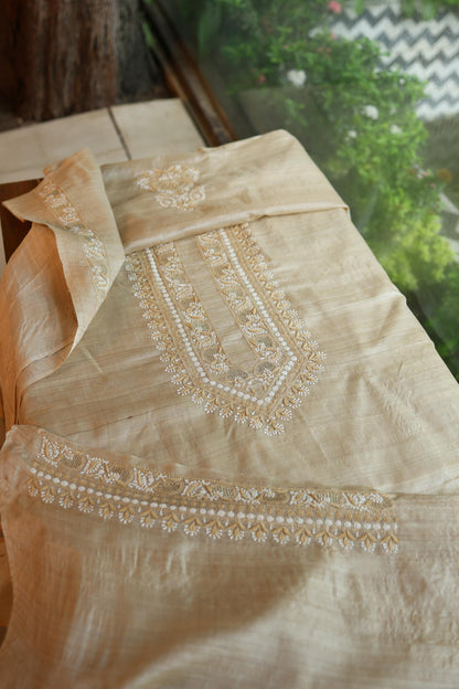 Natural Beige Moonga Silk Chikankari Men’s Kurta Fabric