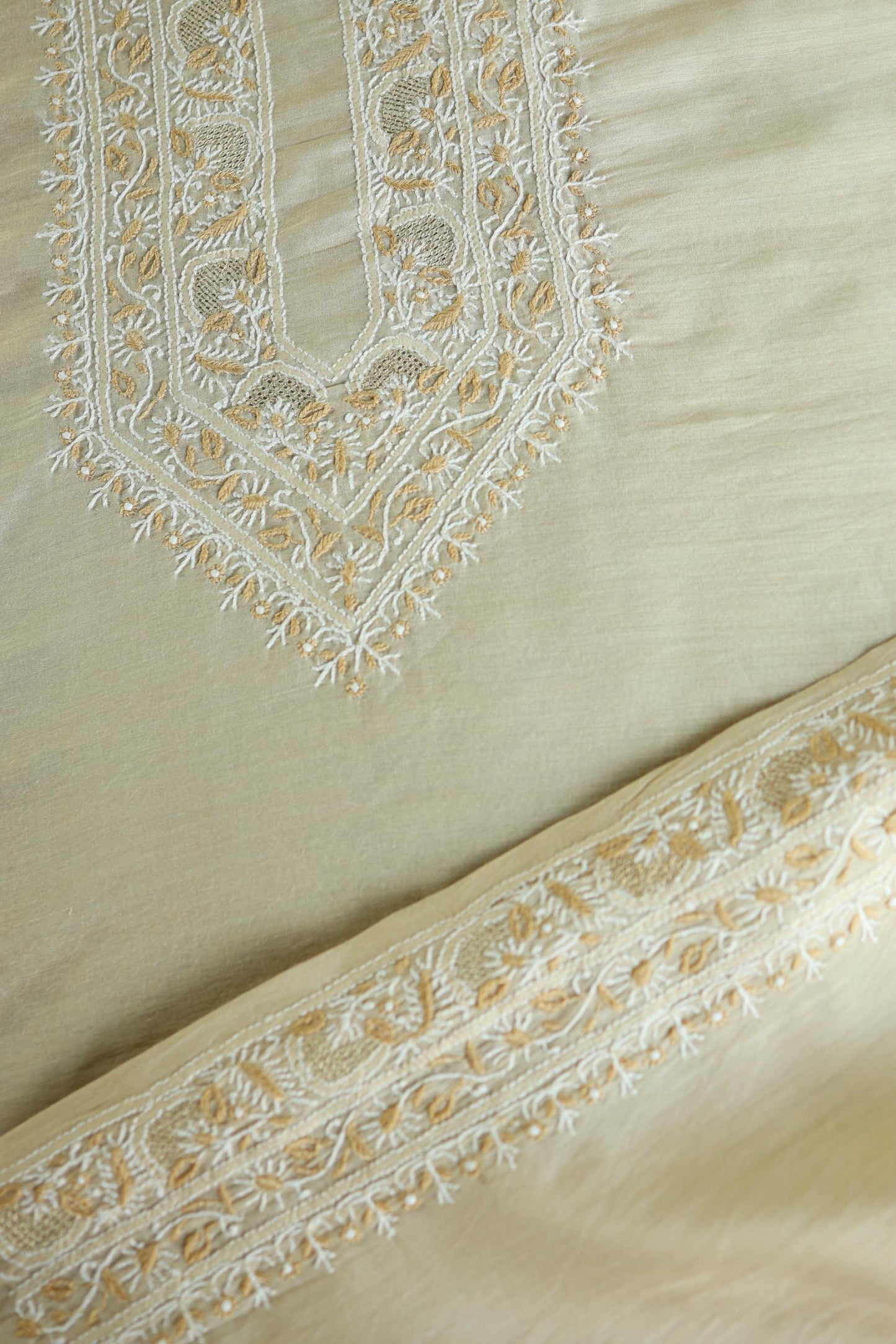 Natural Beige Moonga Silk Chikankari Men’s Kurta Fabric