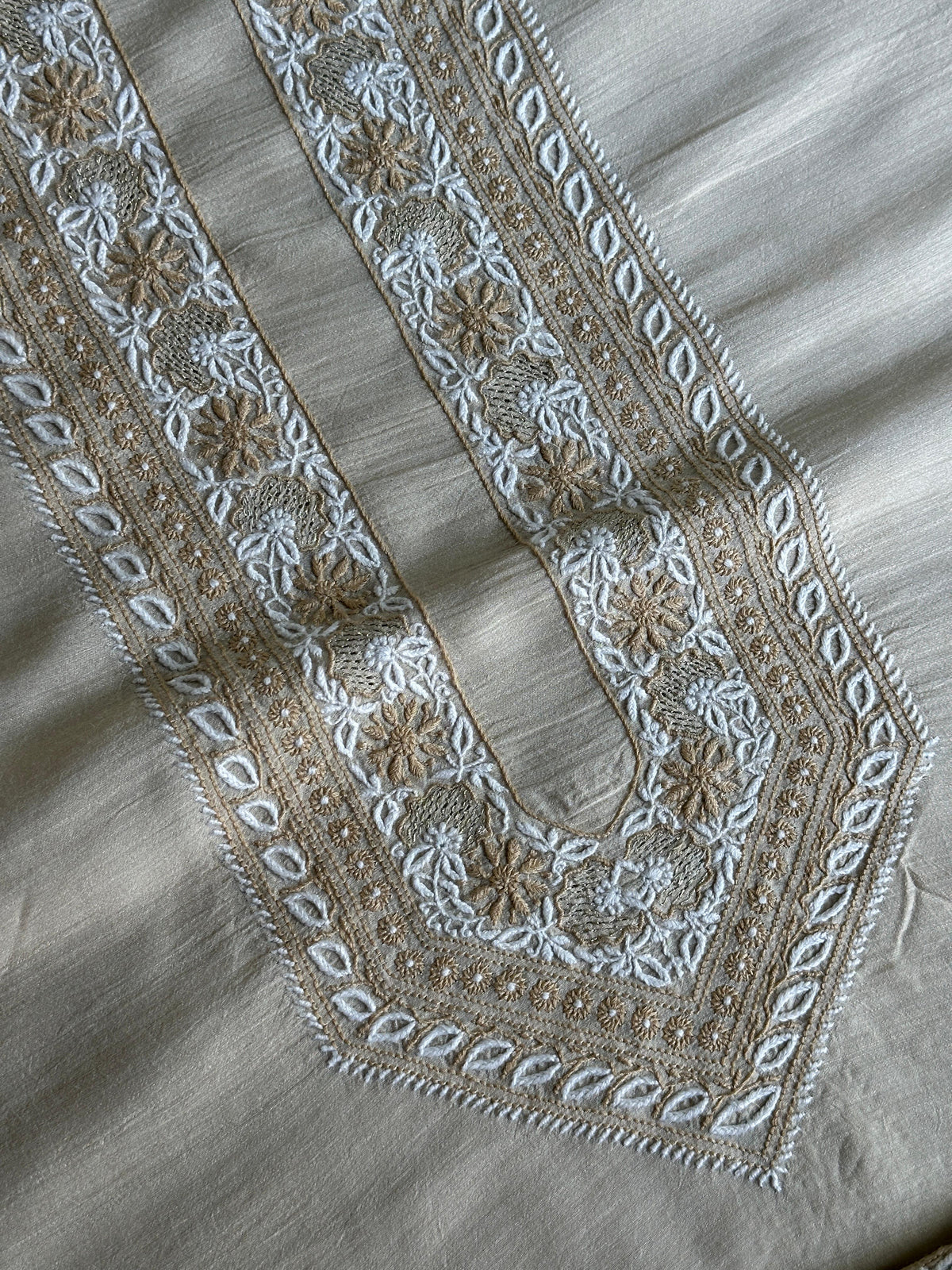 Natural Beige Moonga Silk Chikankari Men’s Kurta Fabric