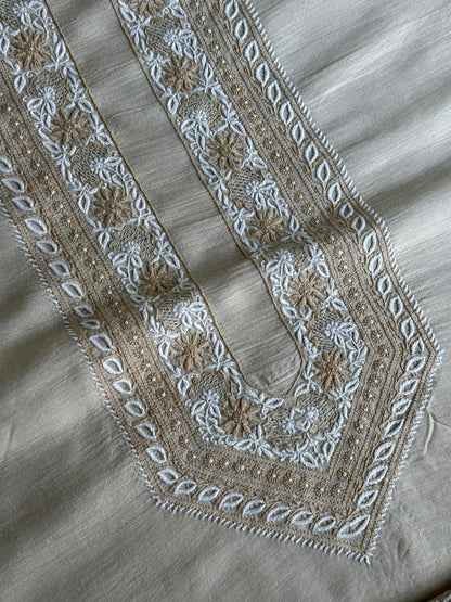 Natural Beige Moonga Silk Chikankari Men’s Kurta Fabric