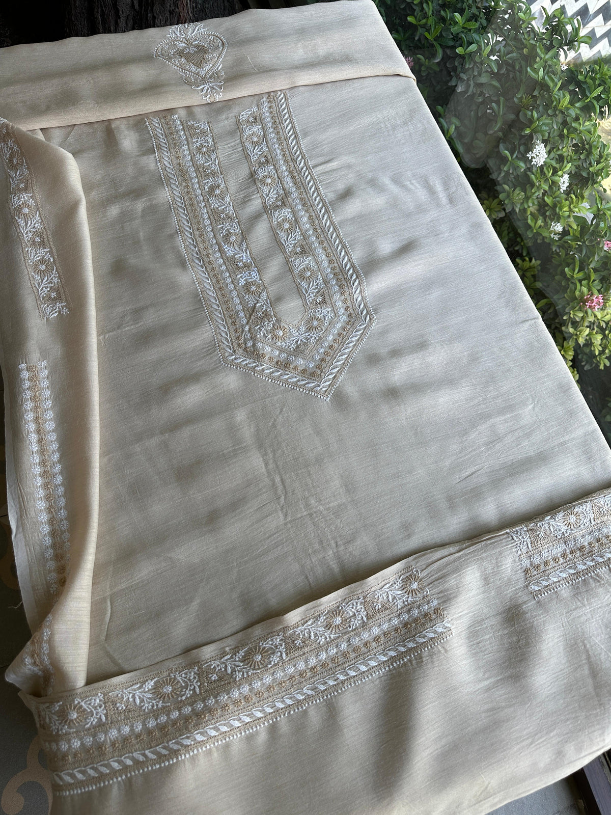 Natural Beige Moonga Silk Chikankari Men’s Kurta Fabric