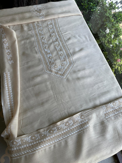 Natural Beige Moonga Silk Chikankari Men’s Kurta Fabric