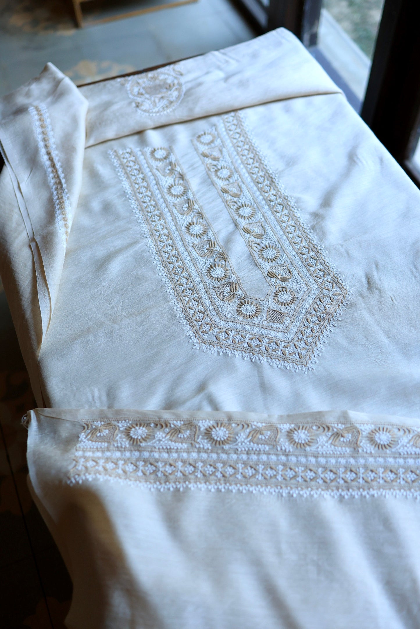 Natural Beige Moonga Silk Chikankari Men’s Kurta Fabric