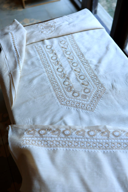 Natural Beige Moonga Silk Chikankari Men’s Kurta Fabric