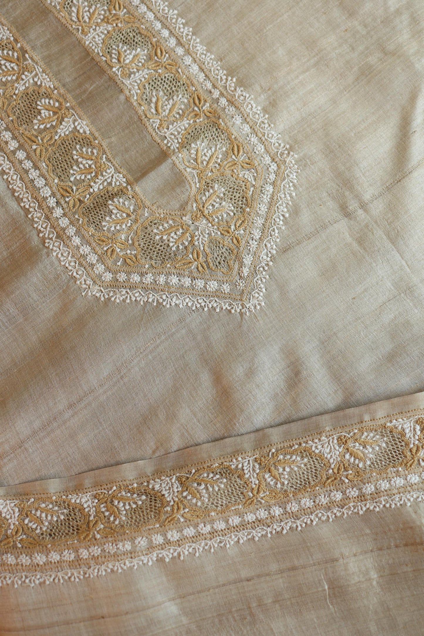 Natural Beige Moonga Silk Chikankari Men’s Kurta Fabric