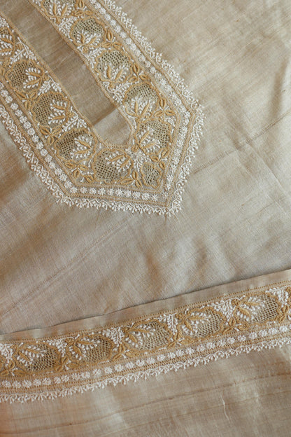 Natural Beige Moonga Silk Chikankari Men’s Kurta Fabric