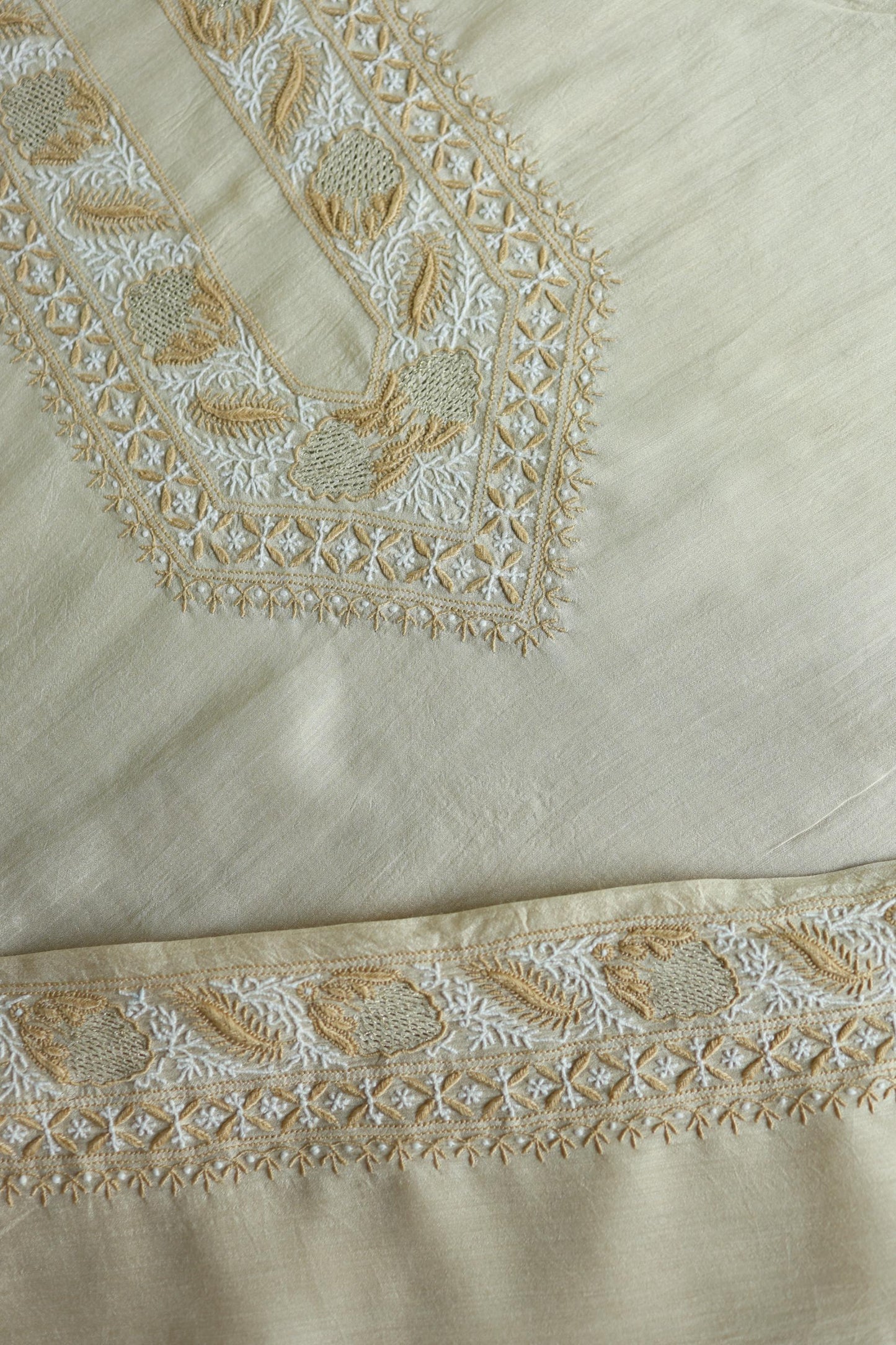 Natural Beige Moonga Silk Chikankari Men’s Kurta Fabric
