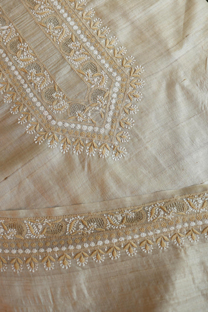 Natural Beige Moonga Silk Chikankari Men’s Kurta Fabric