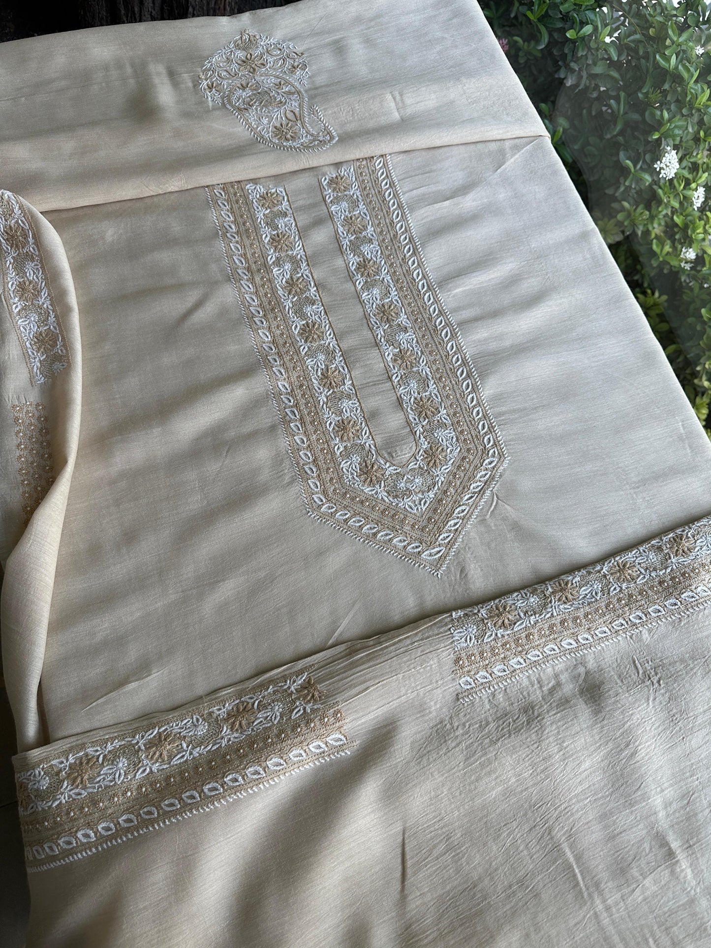 Natural Beige Moonga Silk Chikankari Men’s Kurta Fabric