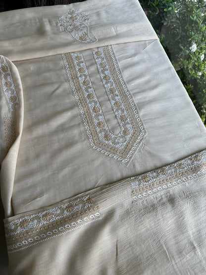 Natural Beige Moonga Silk Chikankari Men’s Kurta Fabric