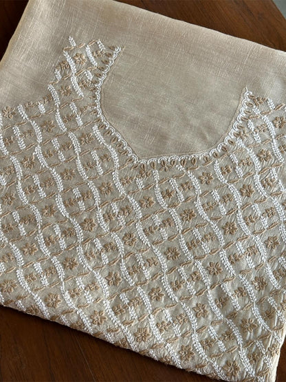 Natural Beige Moonga Silk Chikankari Unstitched Blouse Fabric