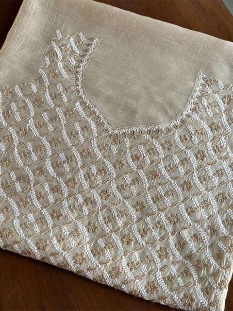 Natural Beige Moonga Silk Chikankari Unstitched Blouse Fabric