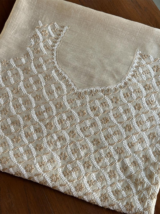 Natural Beige Moonga Silk Chikankari Unstitched Blouse Fabric