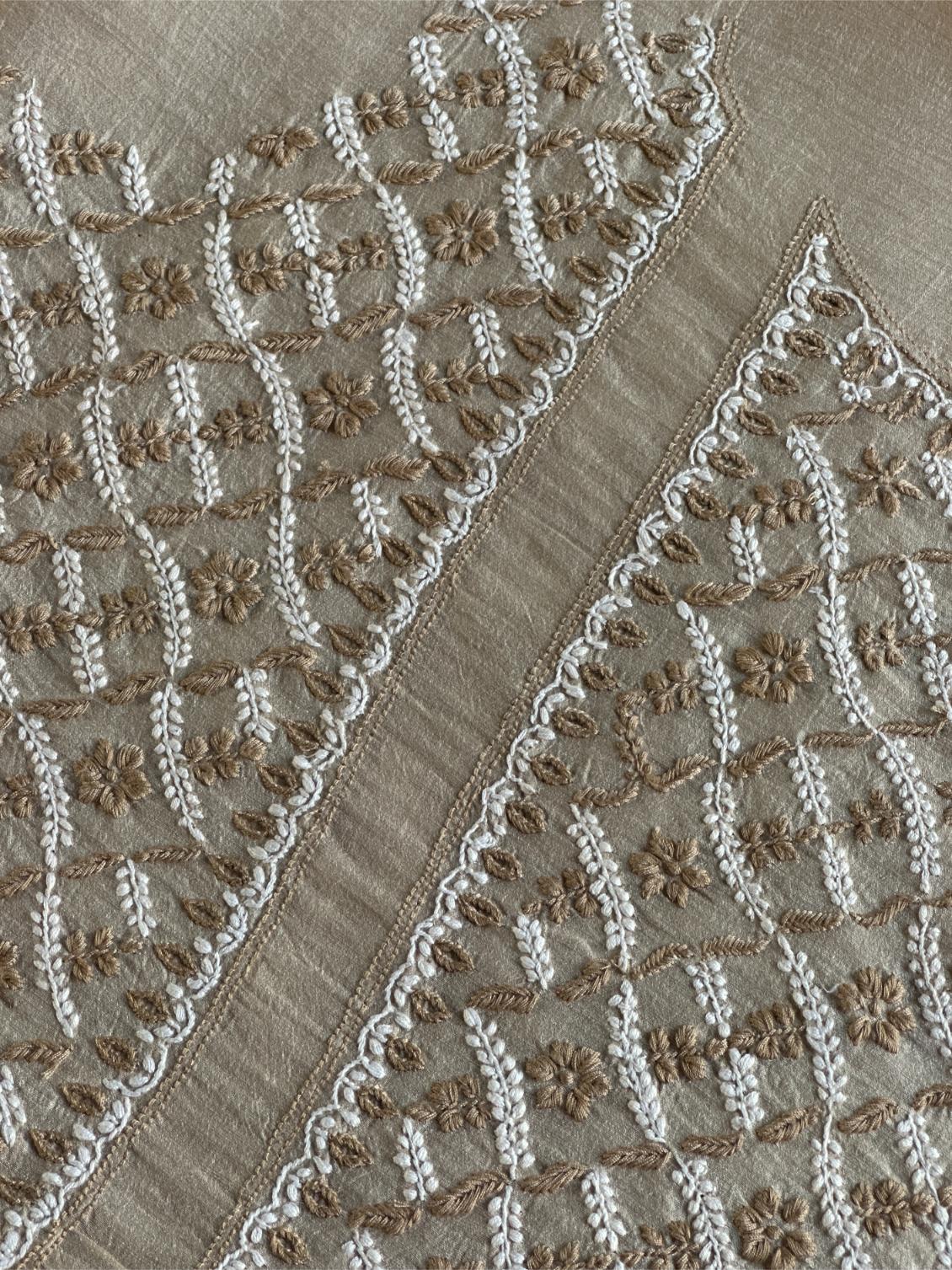 Natural Beige Moonga Silk Chikankari Unstitched Blouse Fabric