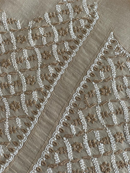 Natural Beige Moonga Silk Chikankari Unstitched Blouse Fabric