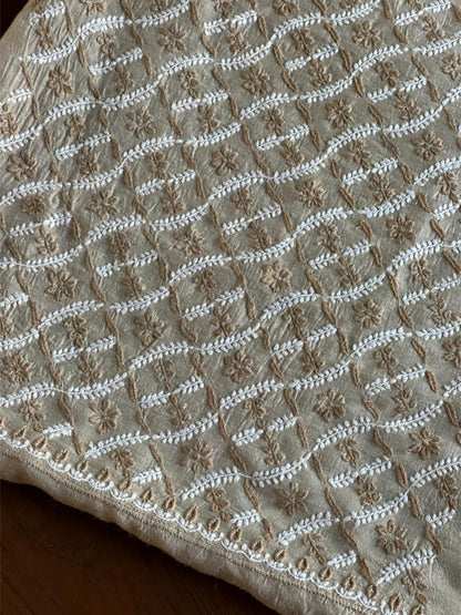 Natural Beige Moonga Silk Chikankari Unstitched Blouse Fabric
