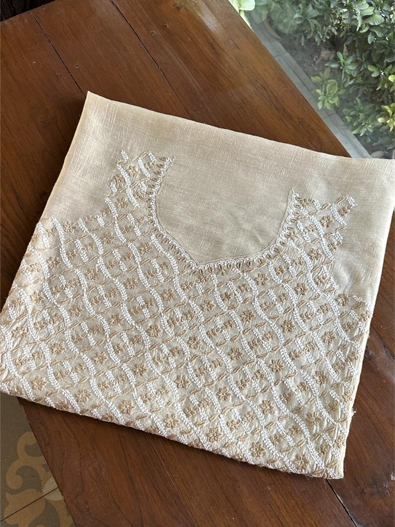 Natural Beige Moonga Silk Chikankari Unstitched Blouse Fabric
