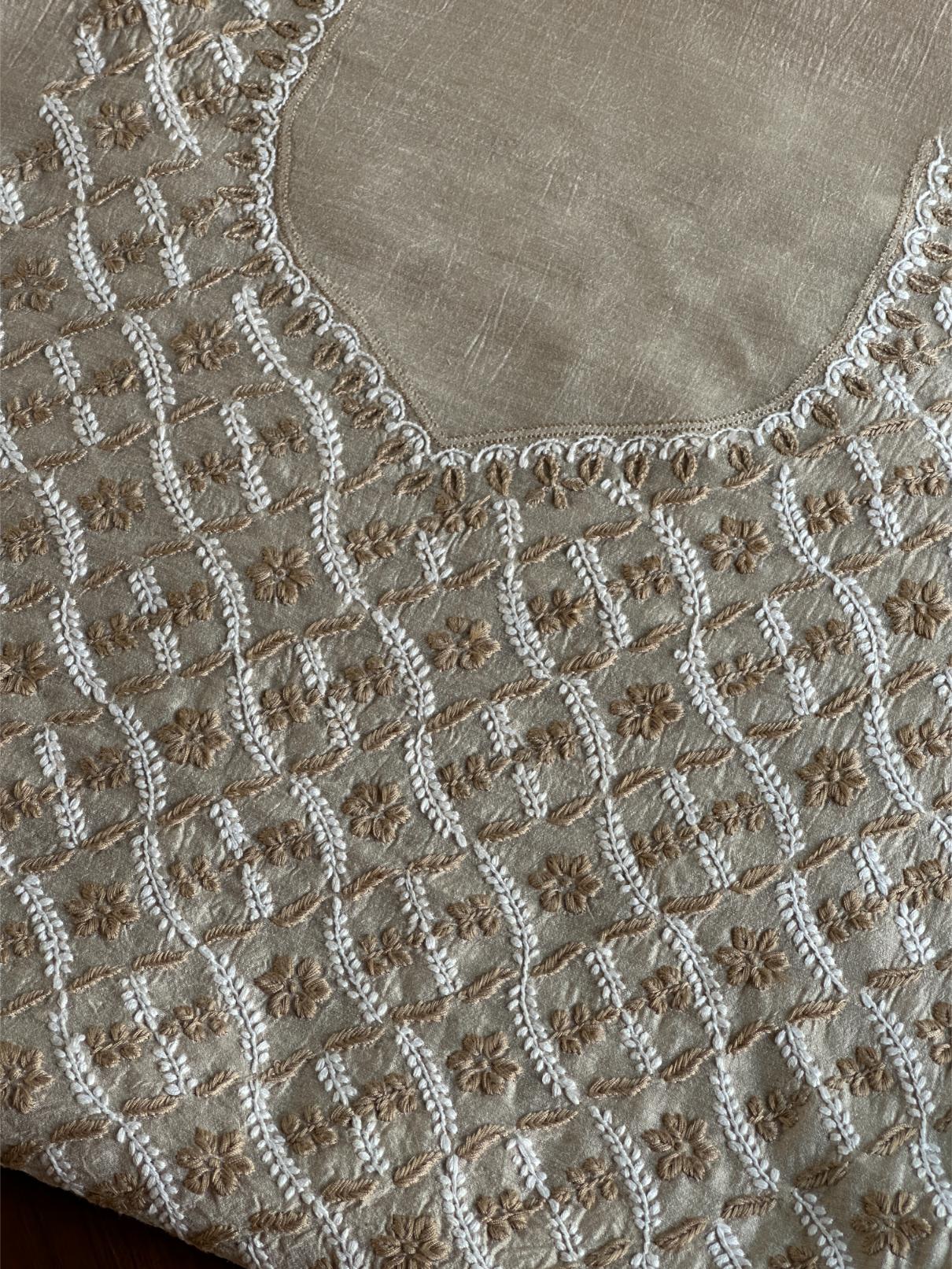 Natural Beige Moonga Silk Chikankari Unstitched Blouse Fabric