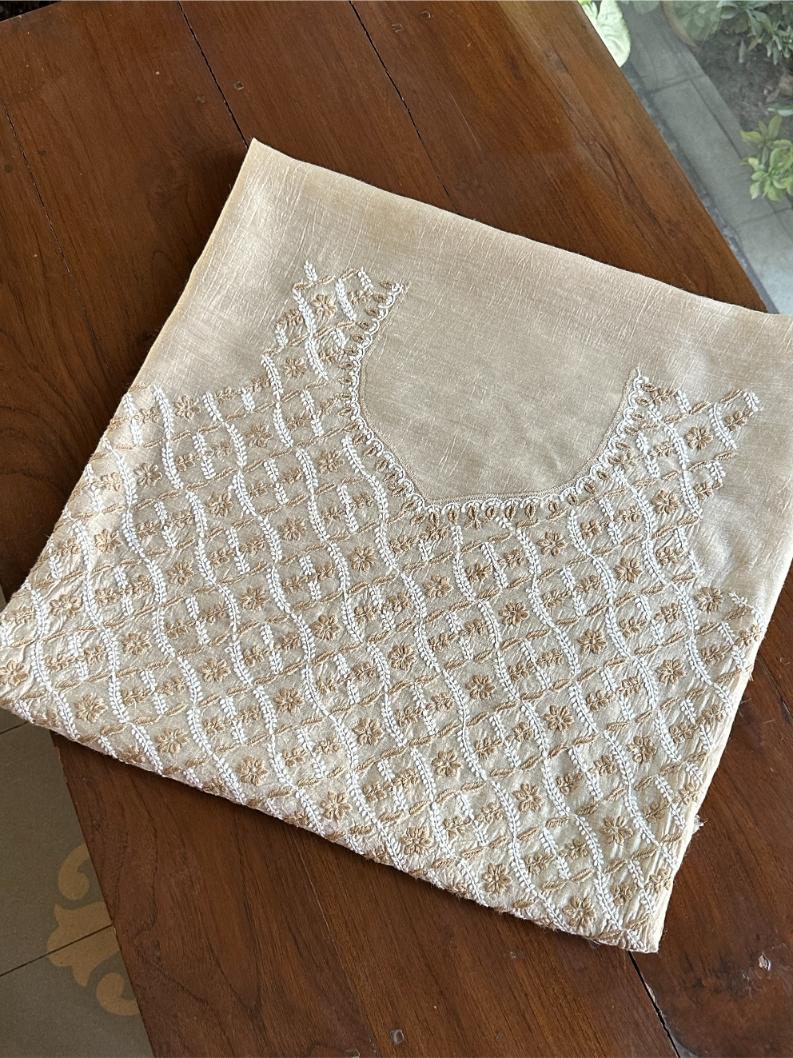 Natural Beige Moonga Silk Chikankari Unstitched Blouse Fabric