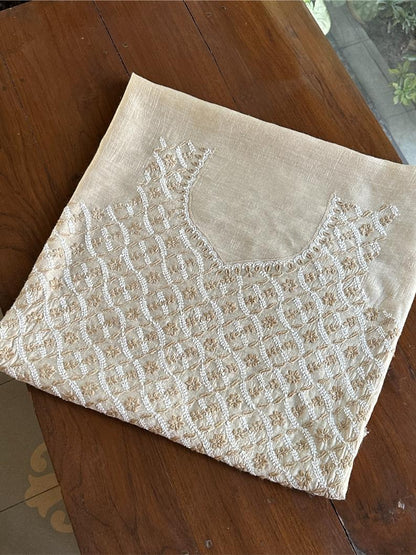 Natural Beige Moonga Silk Chikankari Unstitched Blouse Fabric