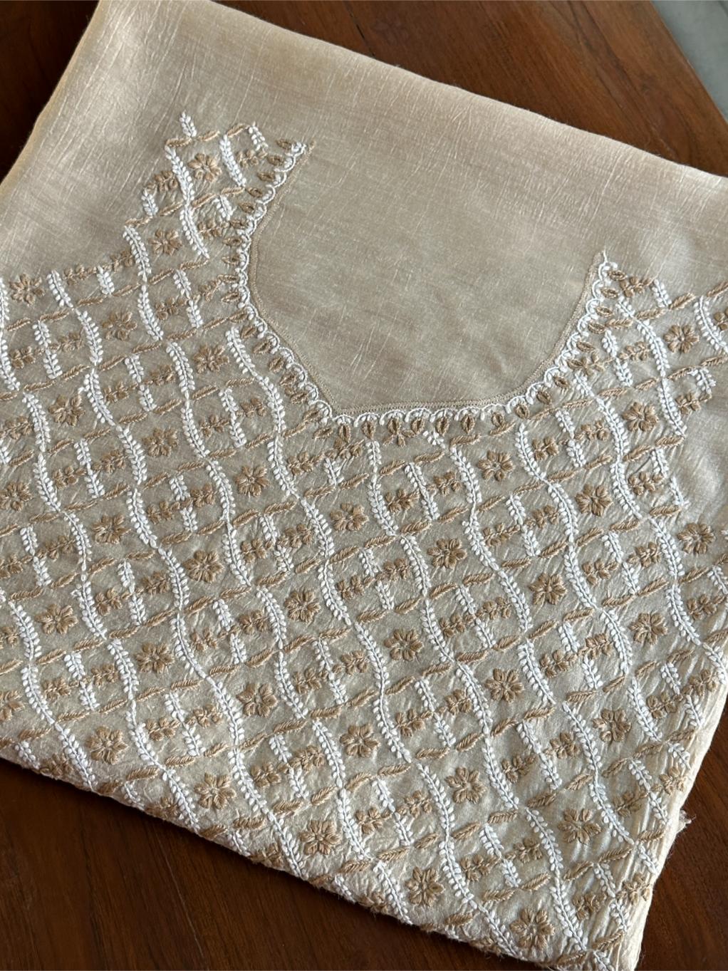 Natural Beige Moonga Silk Chikankari Unstitched Blouse Fabric