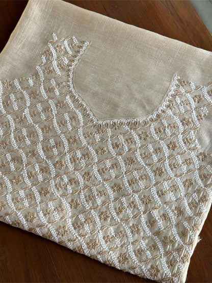 Natural Beige Moonga Silk Chikankari Unstitched Blouse Fabric