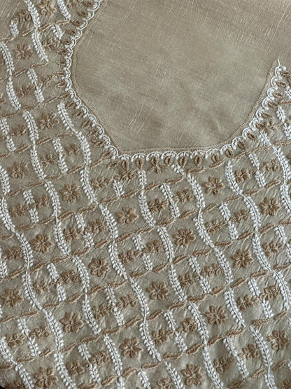 Natural Beige Moonga Silk Chikankari Unstitched Blouse Fabric