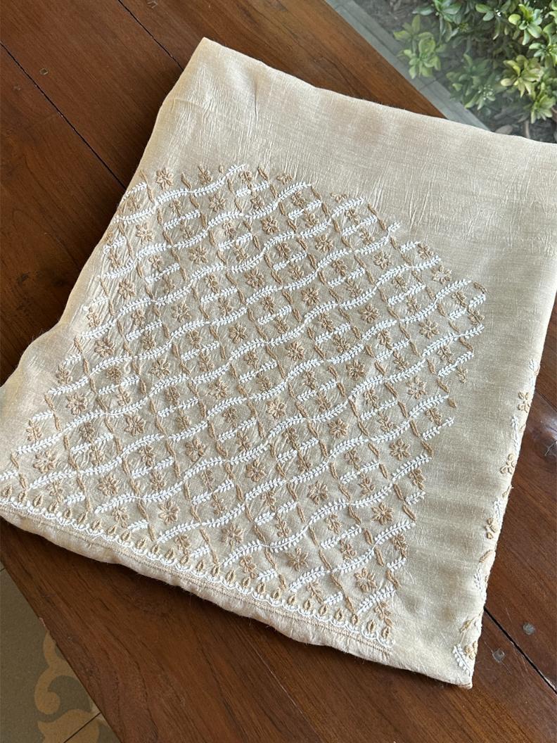 Natural Beige Moonga Silk Chikankari Unstitched Blouse Fabric