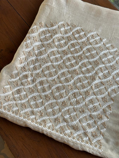 Natural Beige Moonga Silk Chikankari Unstitched Blouse Fabric