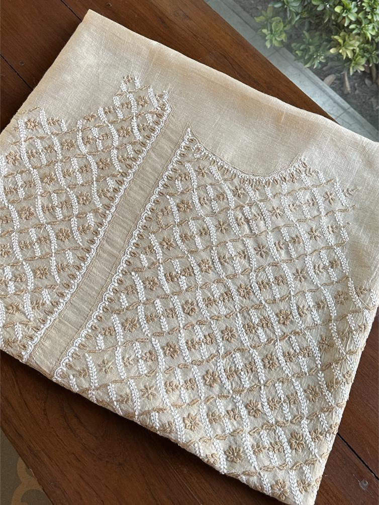 Natural Beige Moonga Silk Chikankari Unstitched Blouse Fabric