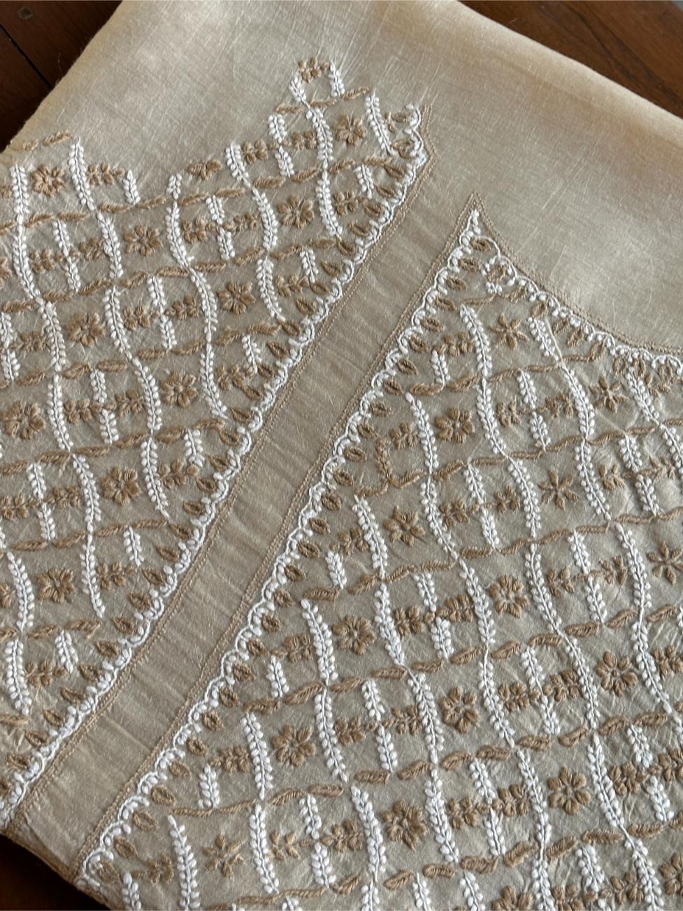 Natural Beige Moonga Silk Chikankari Unstitched Blouse Fabric