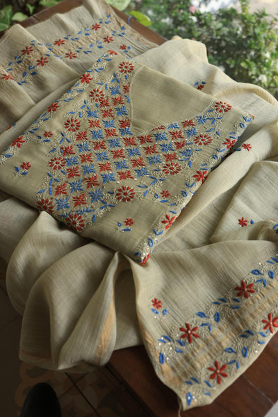 Natural Beige Mul Chanderi Silk Kalamkari Unstitched Kurta Dupatta Set