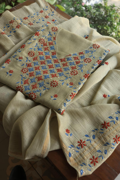 Natural Beige Mul Chanderi Silk Kalamkari Unstitched Kurta Dupatta Set