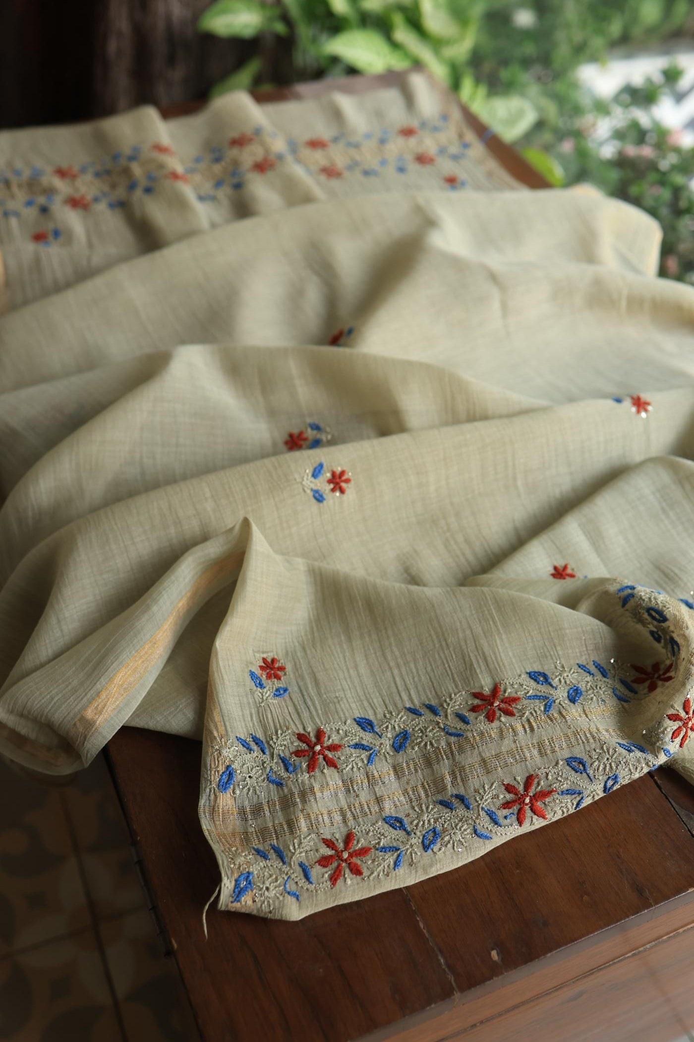 Natural Beige Mul Chanderi Silk Kalamkari Unstitched Kurta Dupatta Set