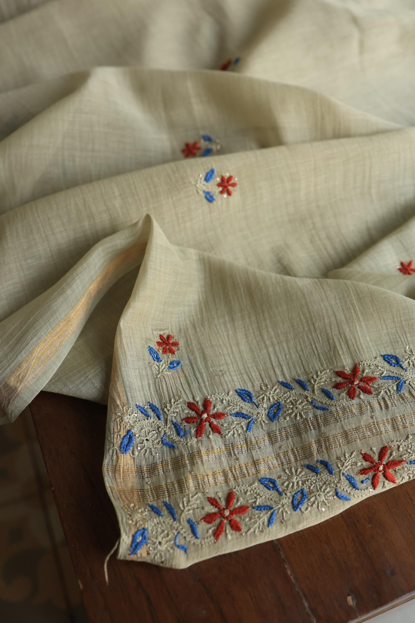 Natural Beige Mul Chanderi Silk Kalamkari Unstitched Kurta Dupatta Set