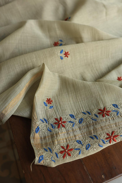 Natural Beige Mul Chanderi Silk Kalamkari Unstitched Kurta Dupatta Set