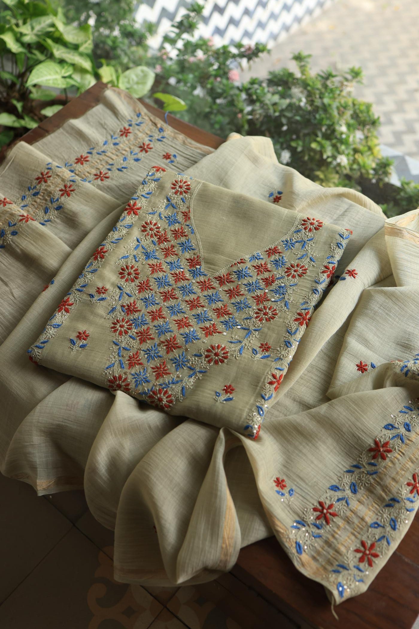 Natural Beige Mul Chanderi Silk Kalamkari Unstitched Kurta Dupatta Set