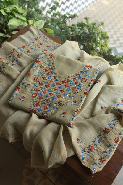 Natural Beige Mul Chanderi Silk Kalamkari Unstitched Kurta Dupatta Set