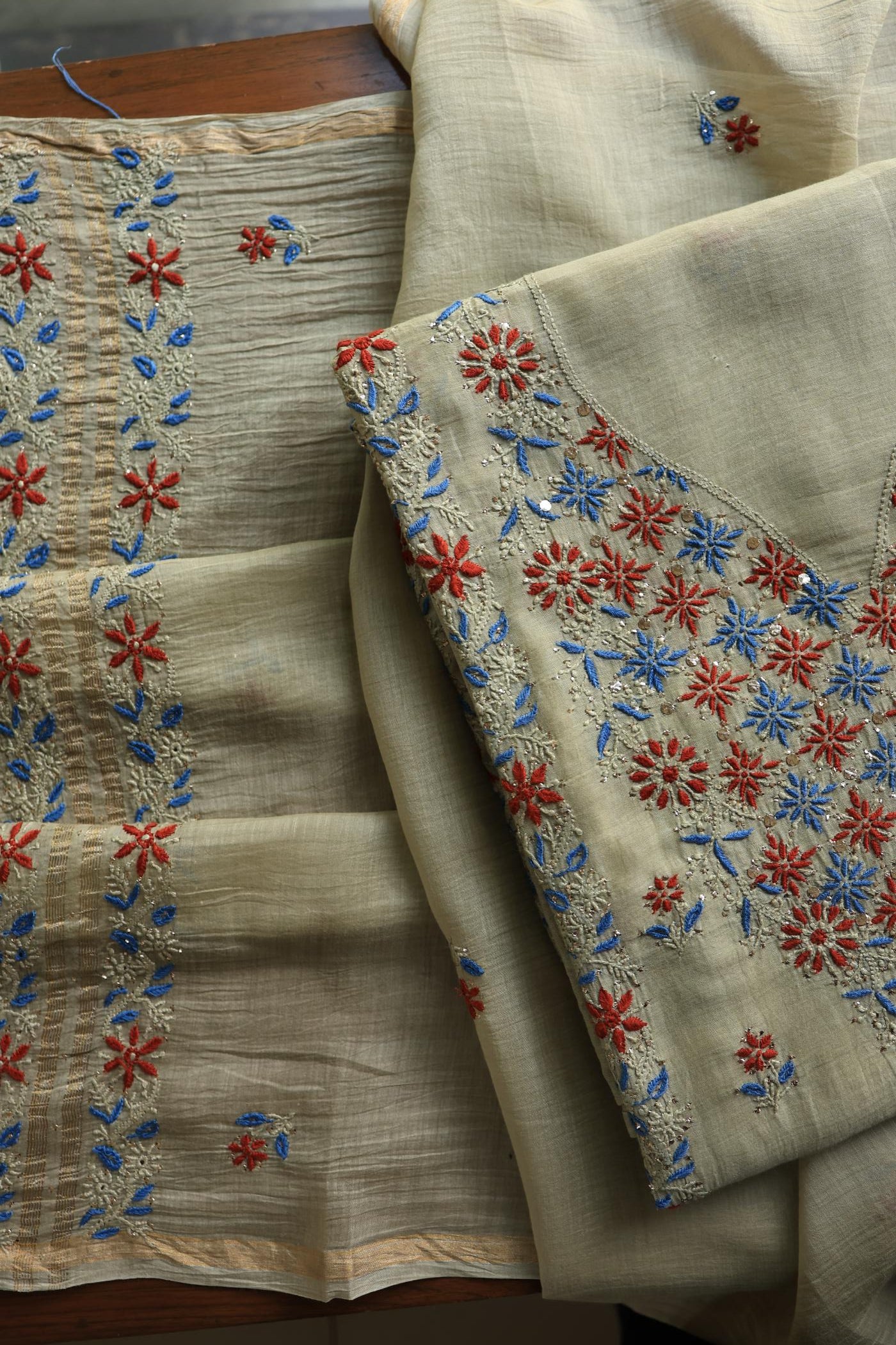 Natural Beige Mul Chanderi Silk Kalamkari Unstitched Kurta Dupatta Set