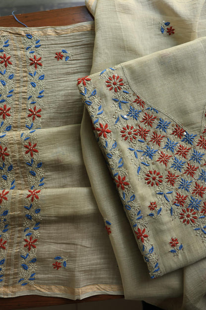 Natural Beige Mul Chanderi Silk Kalamkari Unstitched Kurta Dupatta Set