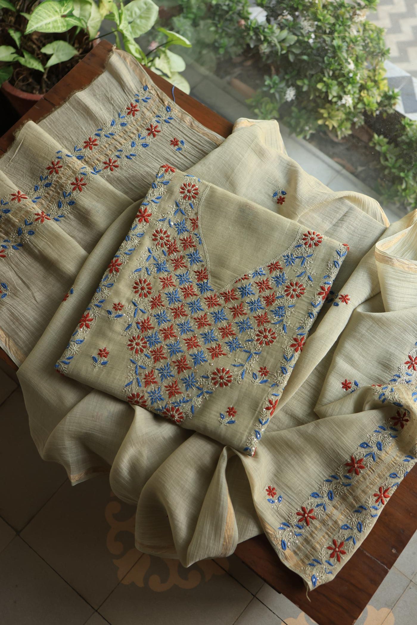 Natural Beige Mul Chanderi Silk Kalamkari Unstitched Kurta Dupatta Set