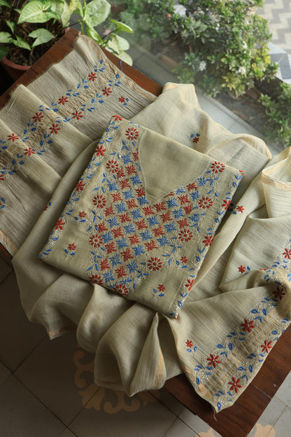 Natural Beige Mul Chanderi Silk Kalamkari Unstitched Kurta Dupatta Set