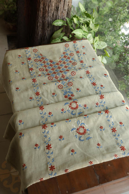 Natural Beige Mul Chanderi Silk Kalamkari Unstitched Kurta Dupatta Set