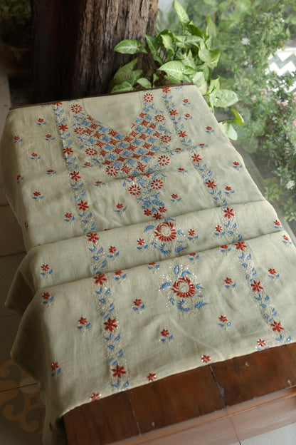 Natural Beige Mul Chanderi Silk Kalamkari Unstitched Kurta Dupatta Set