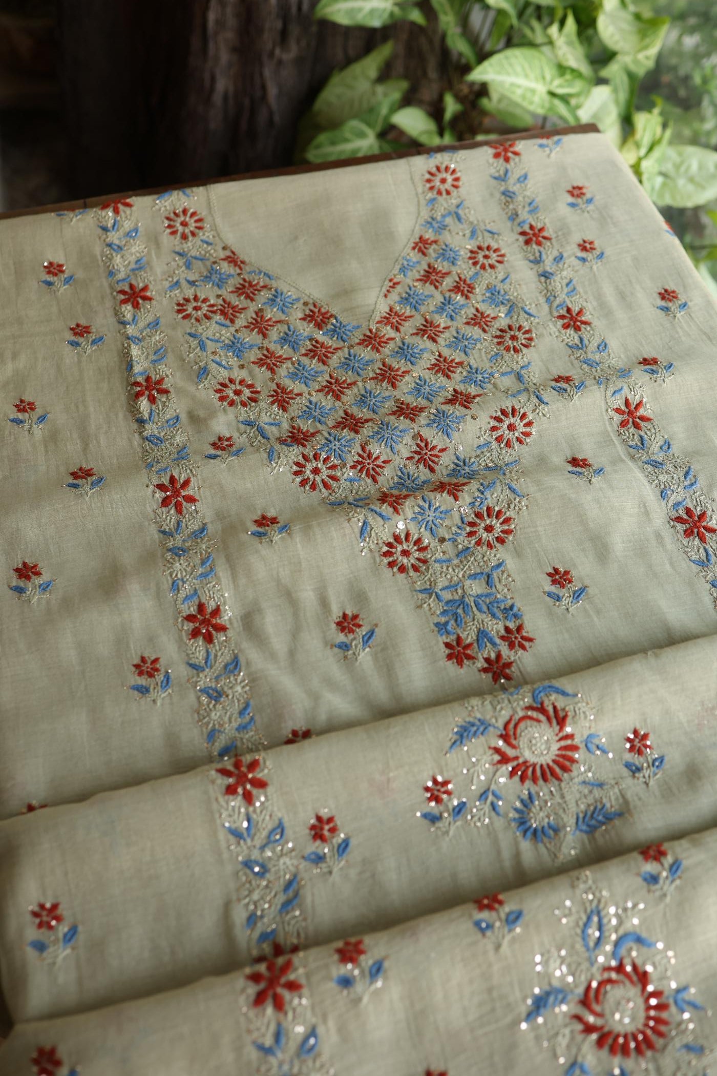 Natural Beige Mul Chanderi Silk Kalamkari Unstitched Kurta Dupatta Set