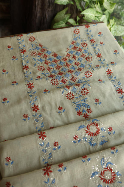 Natural Beige Mul Chanderi Silk Kalamkari Unstitched Kurta Dupatta Set